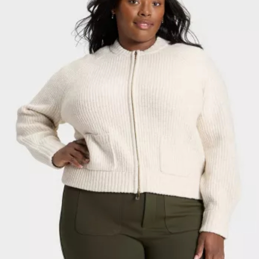 Ava & Viv Off-White Ribbed Zip Cardigan